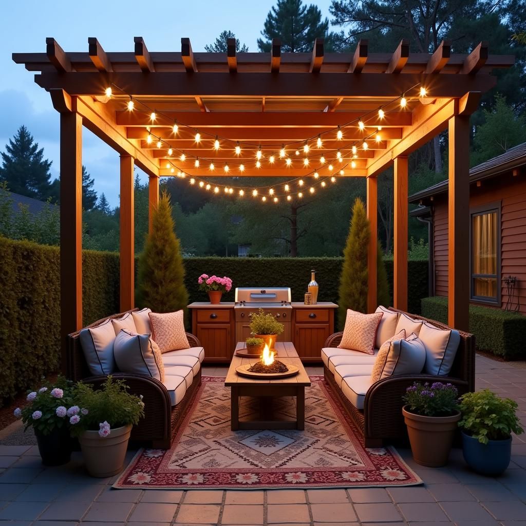 Outdoor lounge area under a pergola by the pool