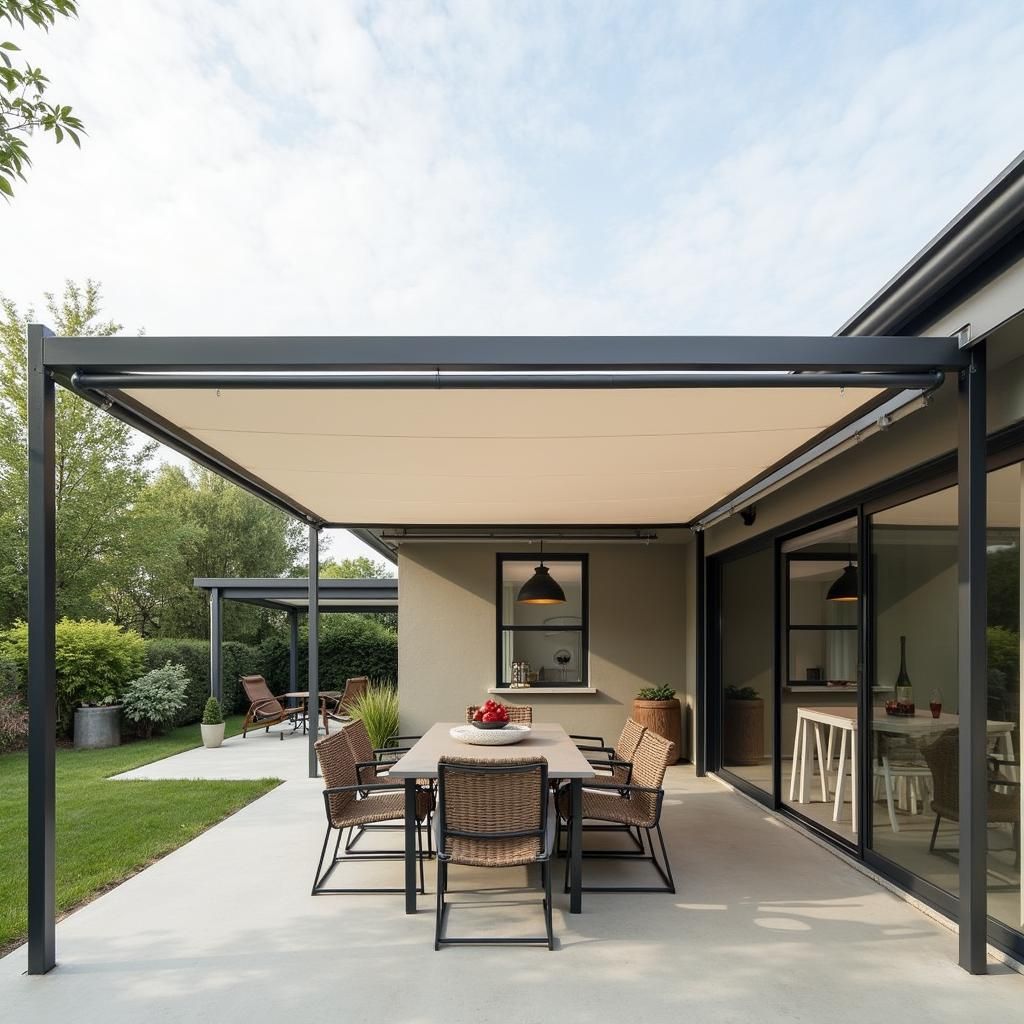 Retractable pergola awning providing shade