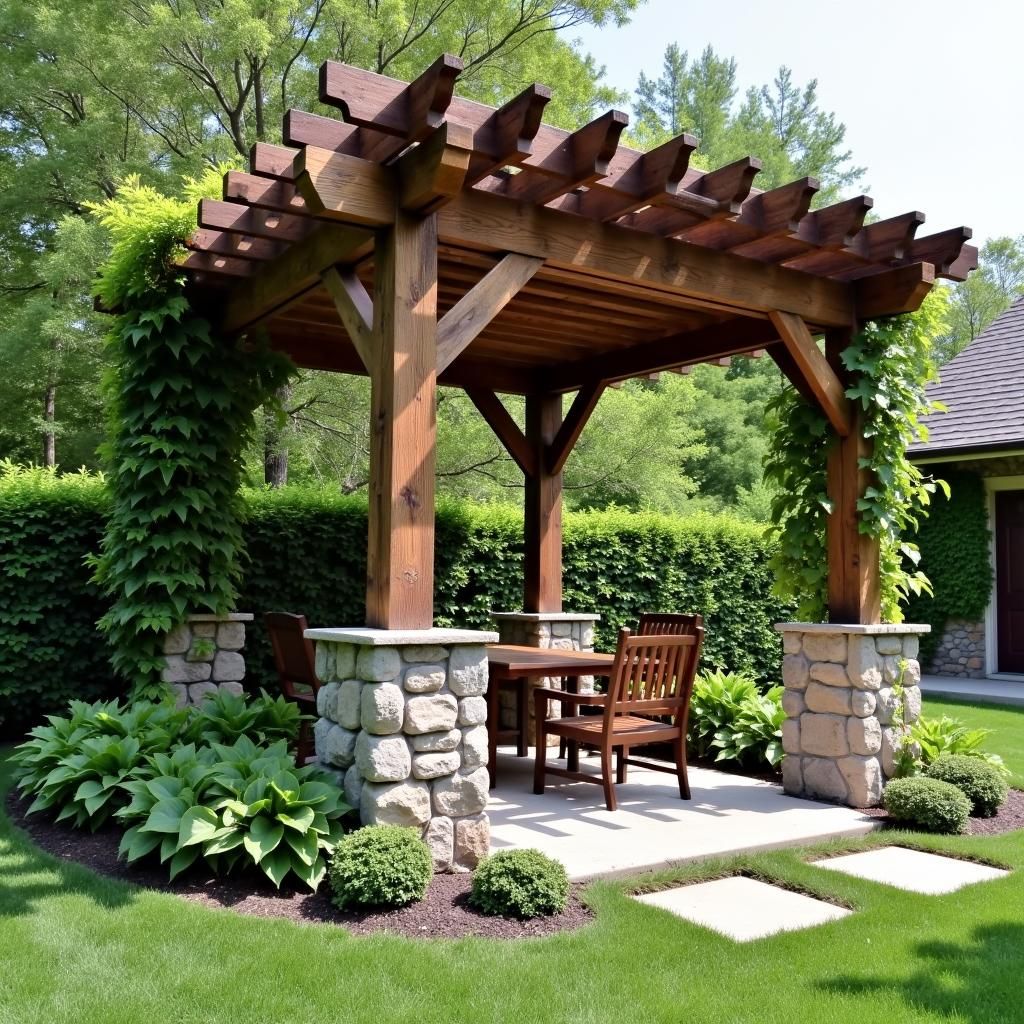 Rustic Corner Pergola with Stone Accents