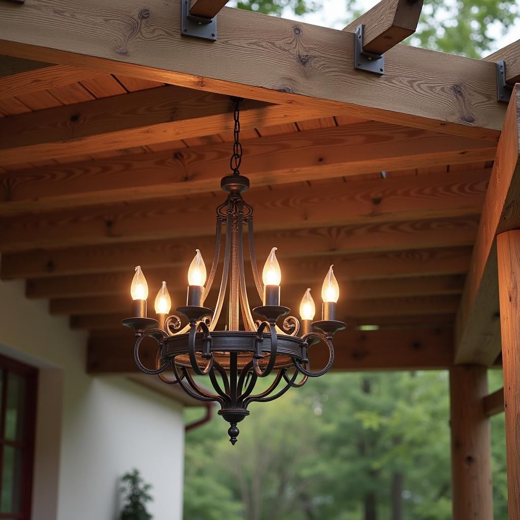 Rustic pergola chandelier with candle-style lights