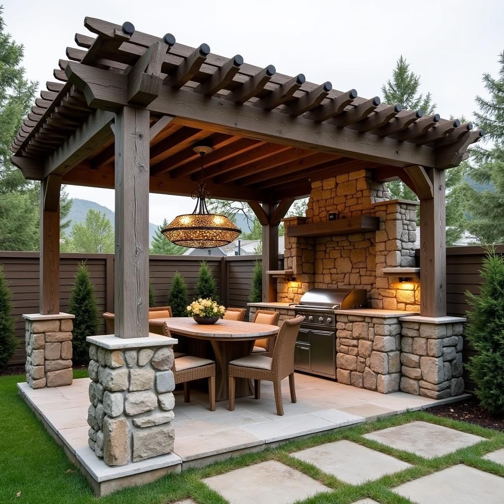 Rustic Pergola with Outdoor Kitchen