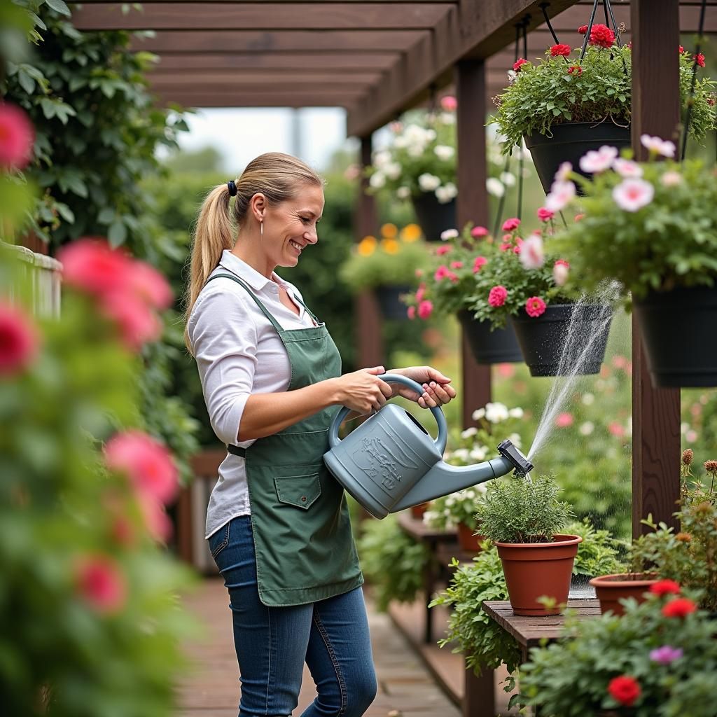 Woman tending to flowers in a pergola