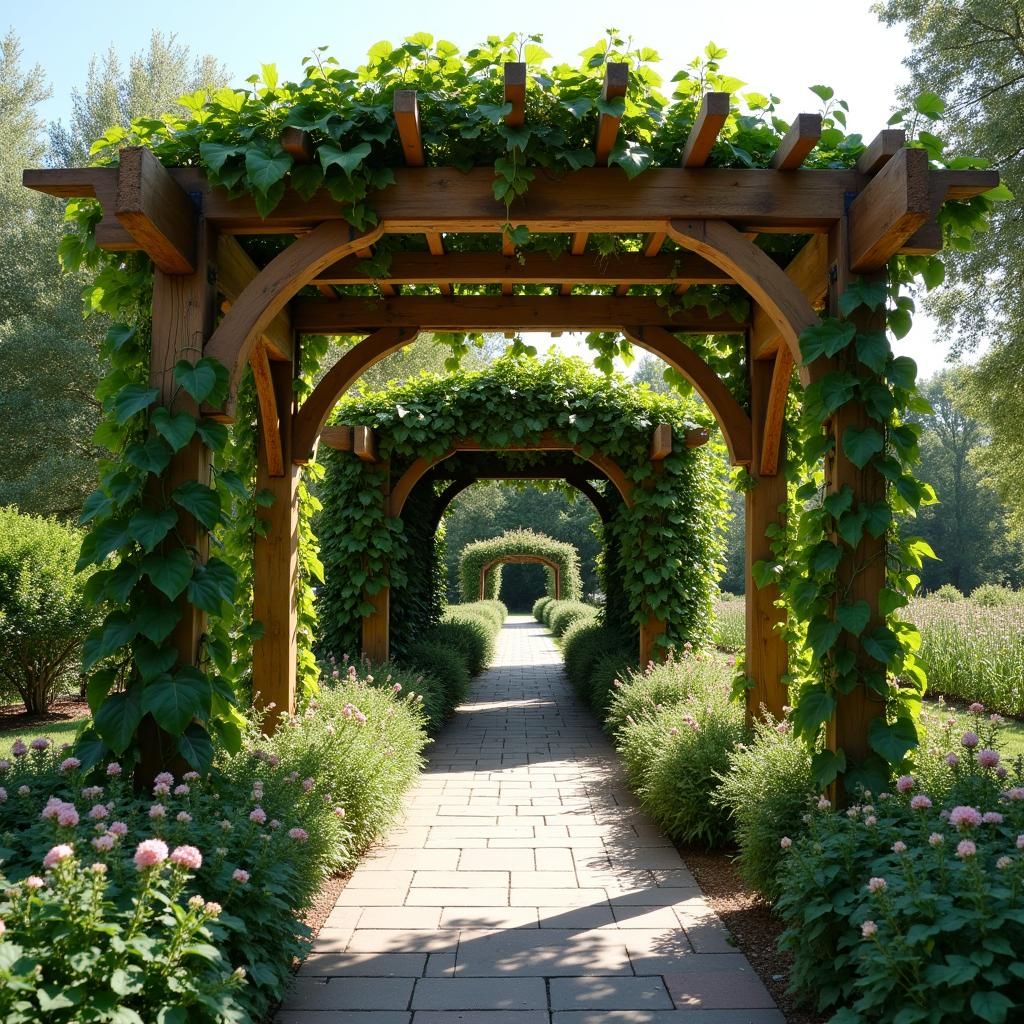 Wooden arched pergola in a garden setting