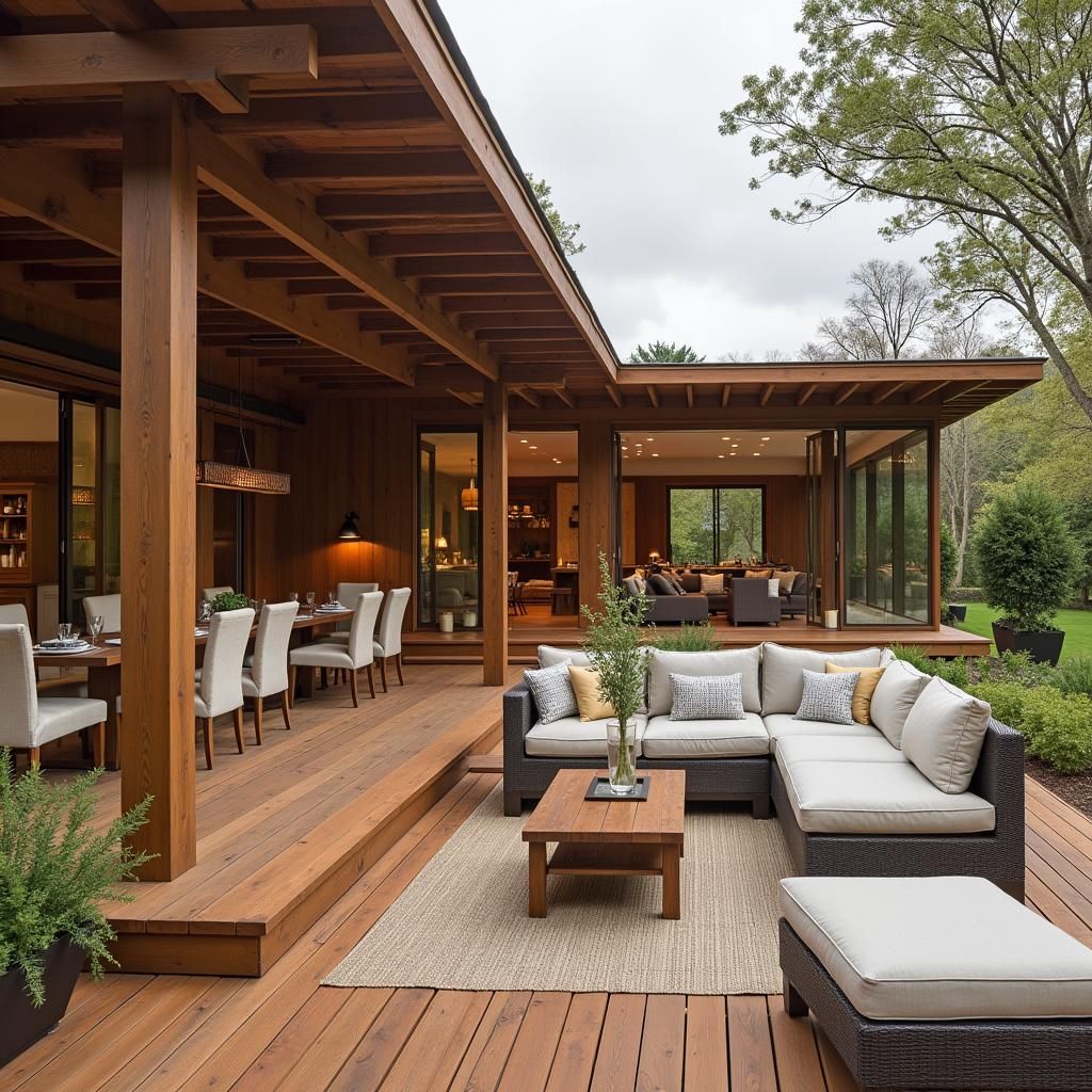 Wooden deck under a pergola with outdoor furniture