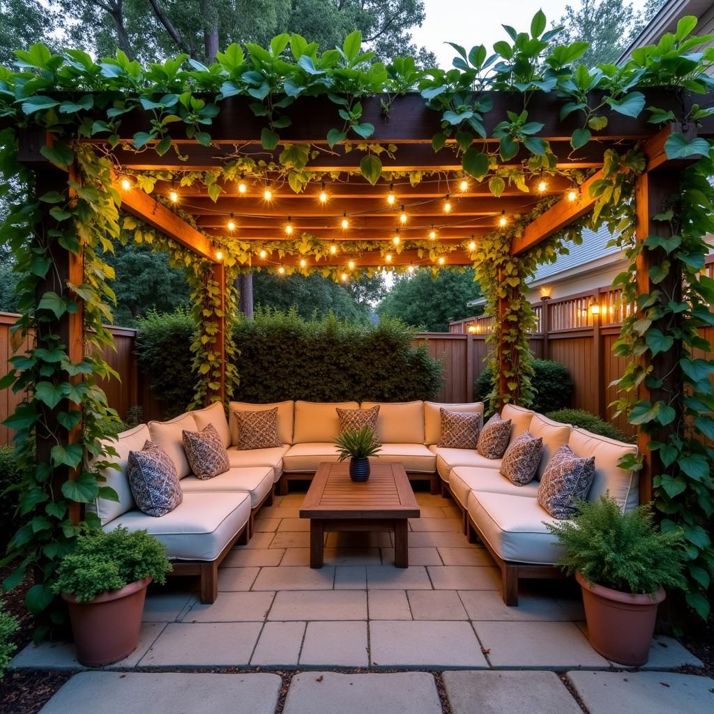 Wooden pergola with climbing plants and outdoor lighting