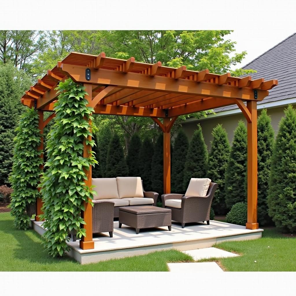 Classic wooden pergola design with climbing plants