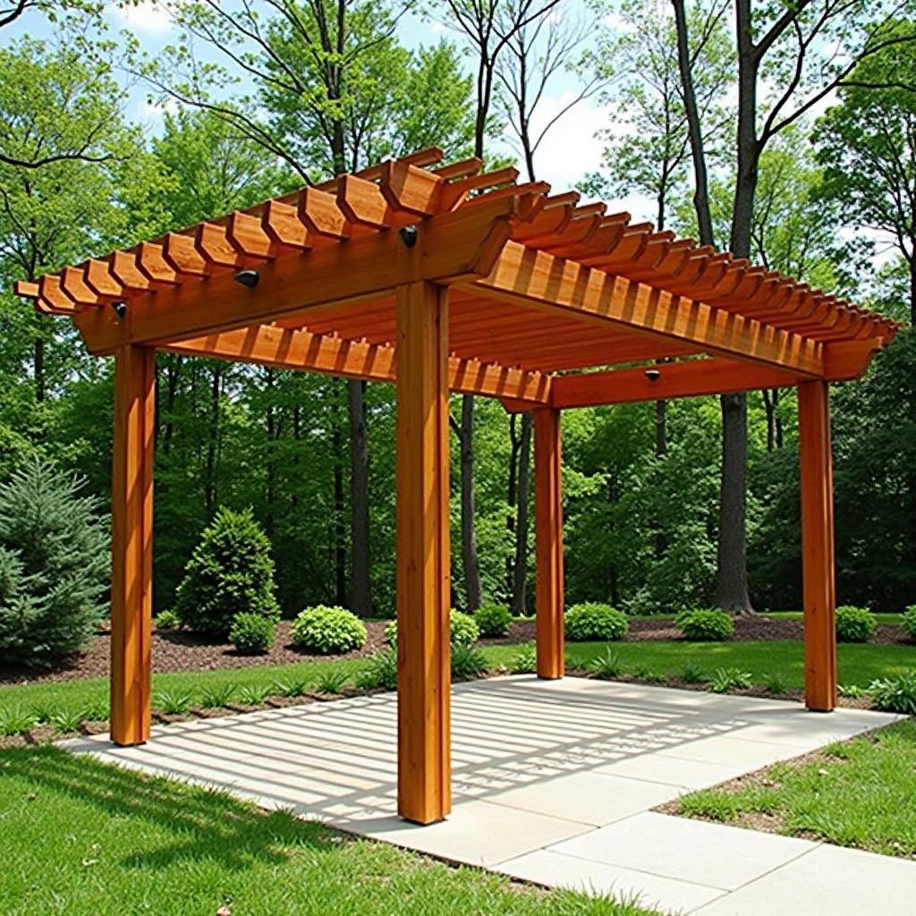 Traditional wooden pergola with a double pitched roof