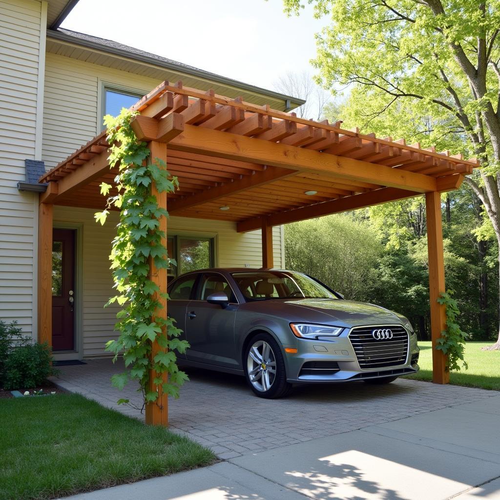 Attached Pergola Carport with Wooden Beams and Posts