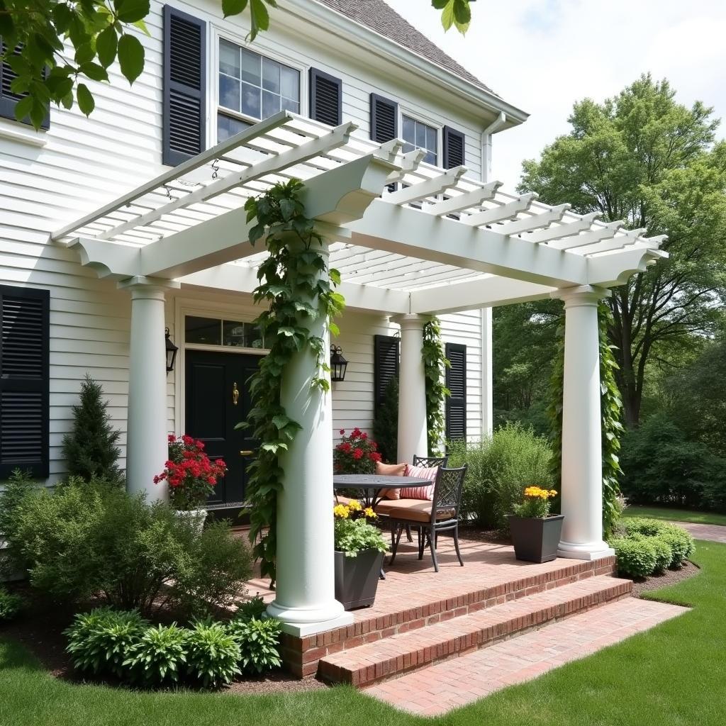 Attached Pergola Enhancing Colonial Home Entrance