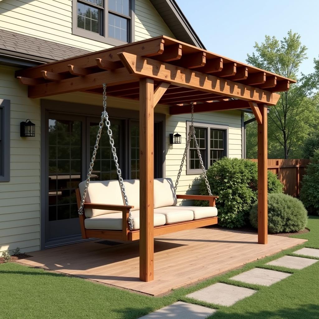 Attached pergola with a comfortable arbor swing, perfect for relaxing.