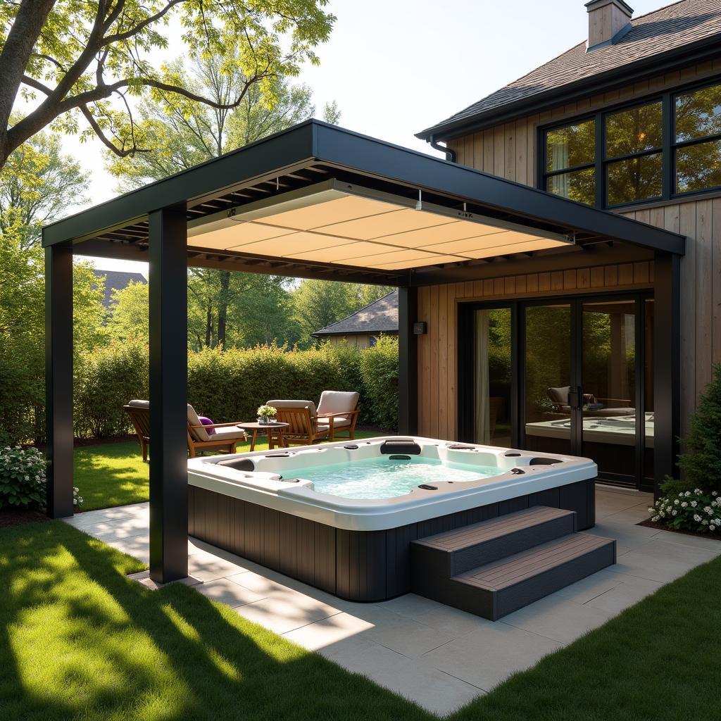 Attached Pergola with Hot Tub and Retractable Canopy for Sun Protection
