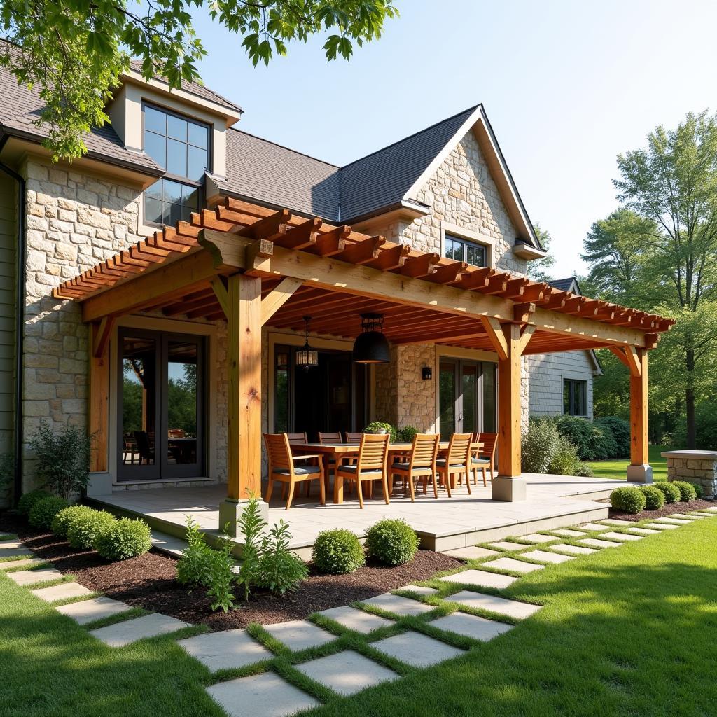 Attached Wood Pergola to Stone House Creating Outdoor Dining Area