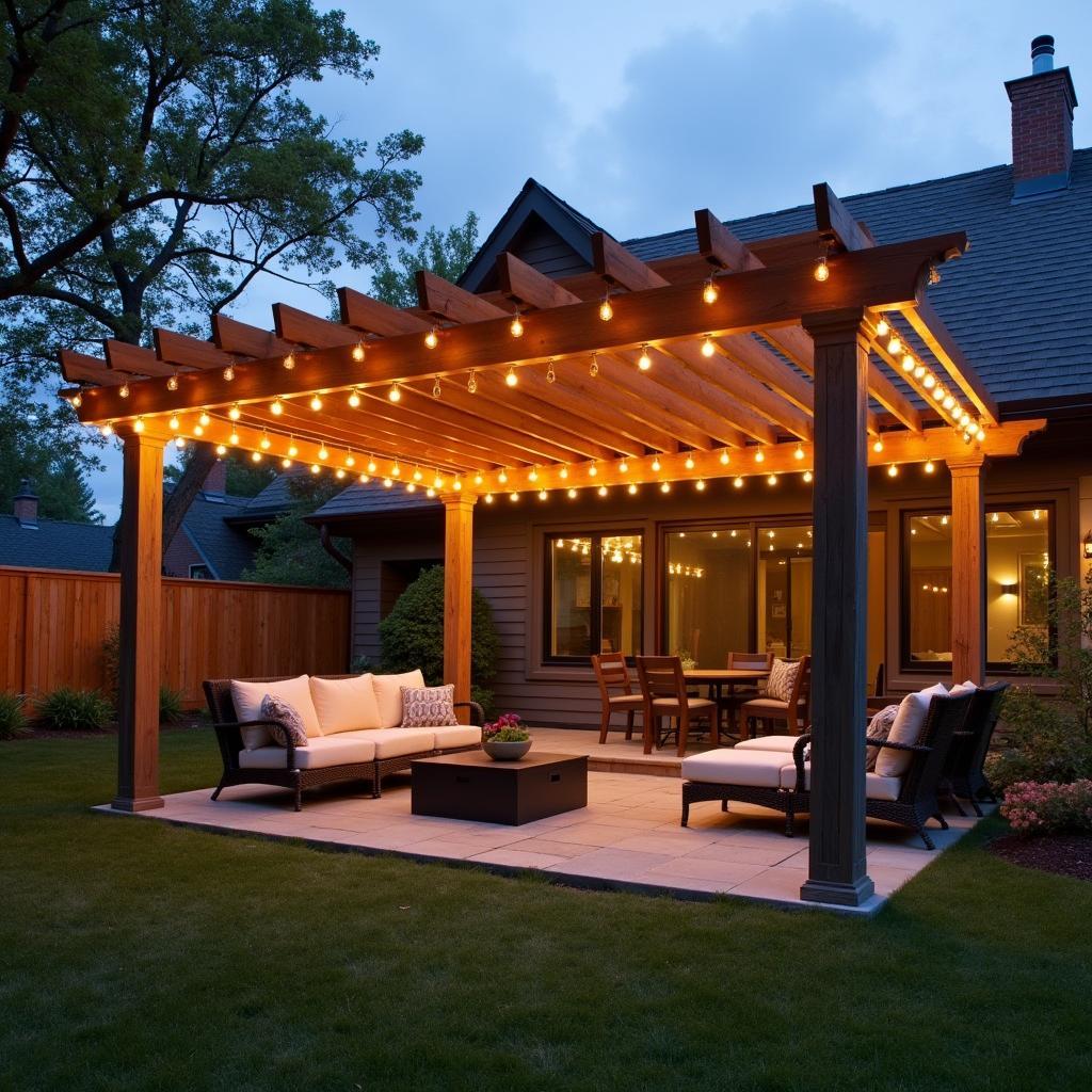 Backyard Pergola Attached to Shaded Area with Lighting and Decor