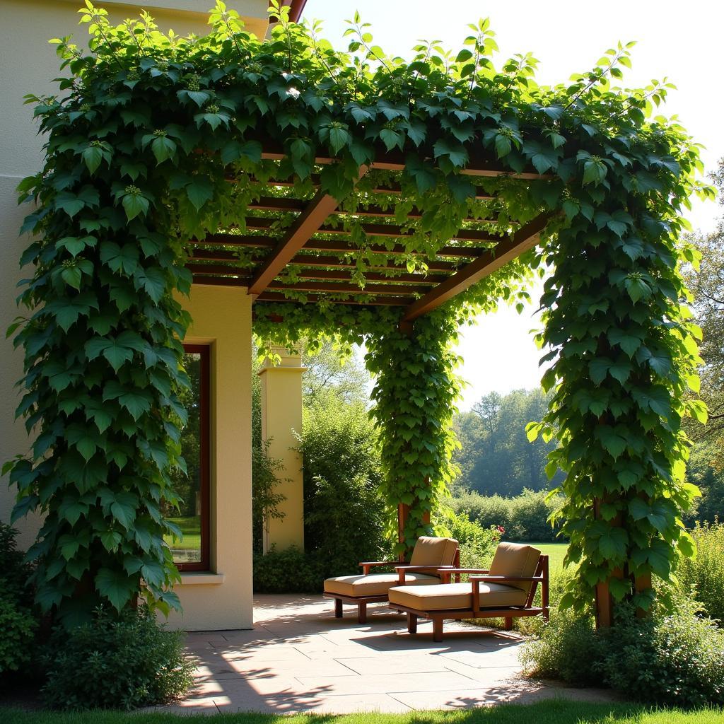 Climbing plants provide a natural rain cover and aesthetic appeal to a pergola.
