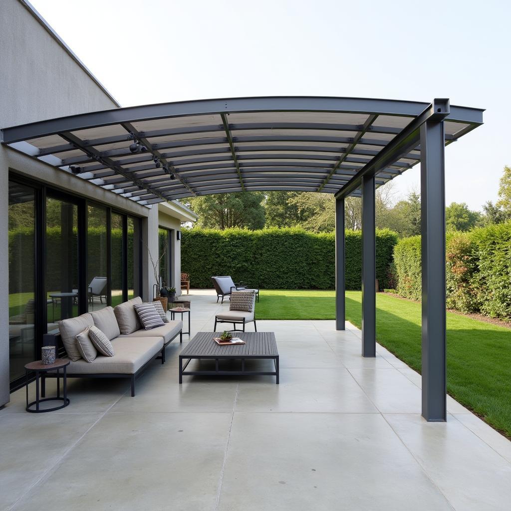 Modern curved metal pergola over a patio
