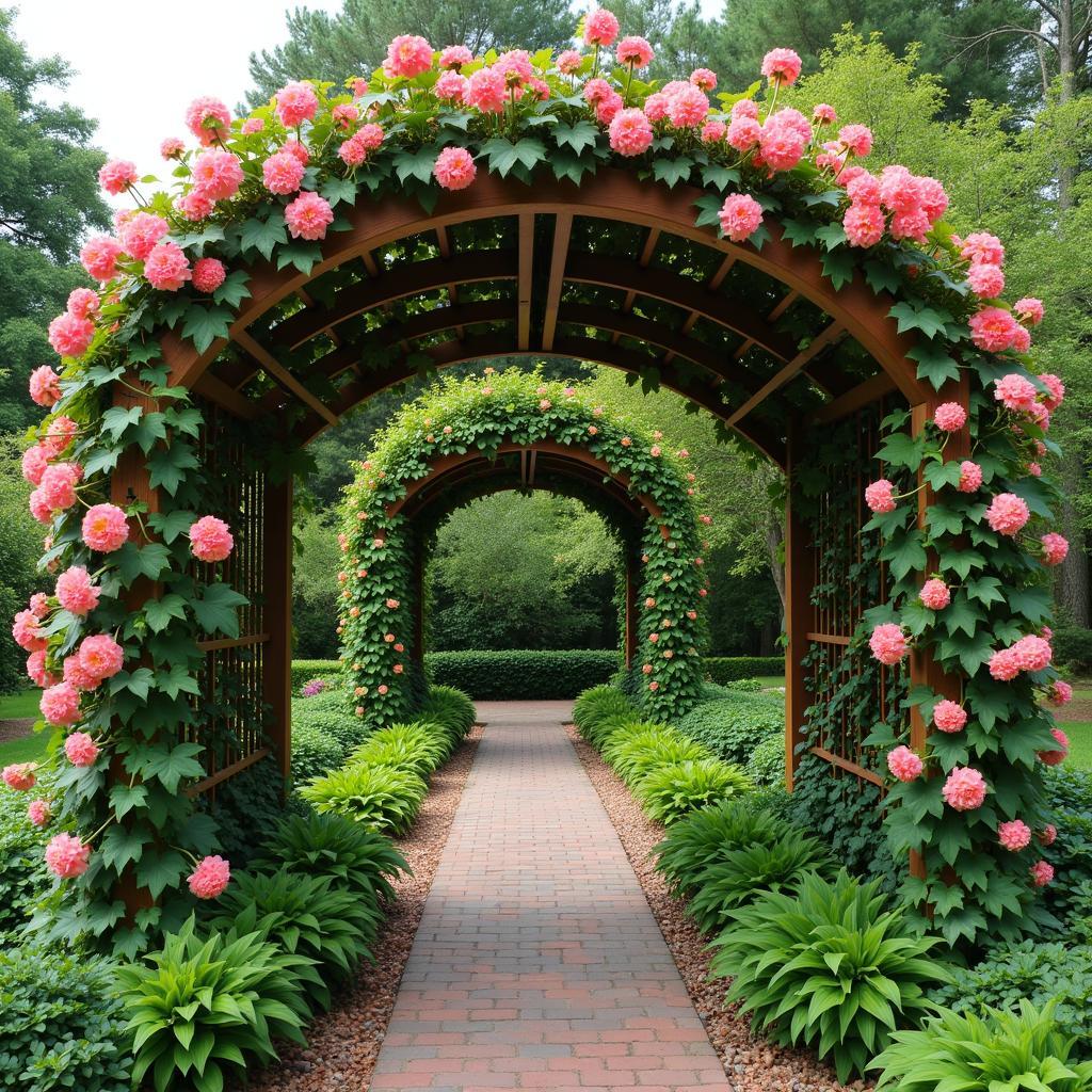 Curved pergola adorned with flowering vines