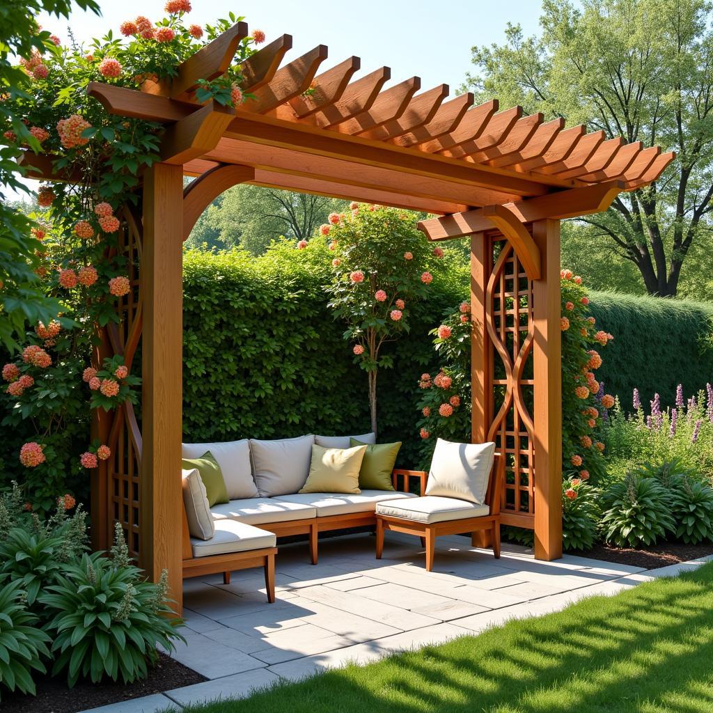 Curved wooden pergola in a lush garden