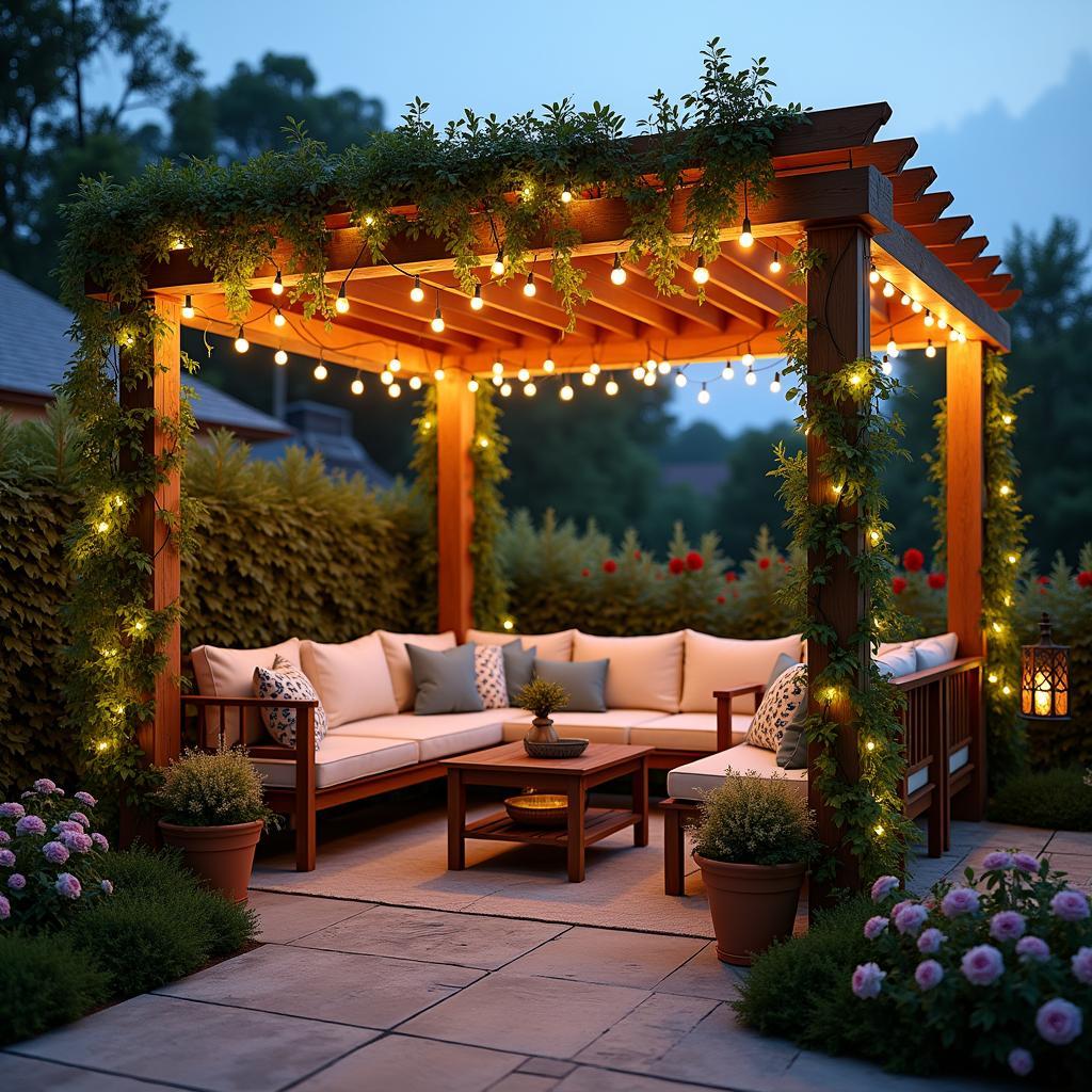 Decorated Lightweight Pergola with String Lights and Climbing Plants