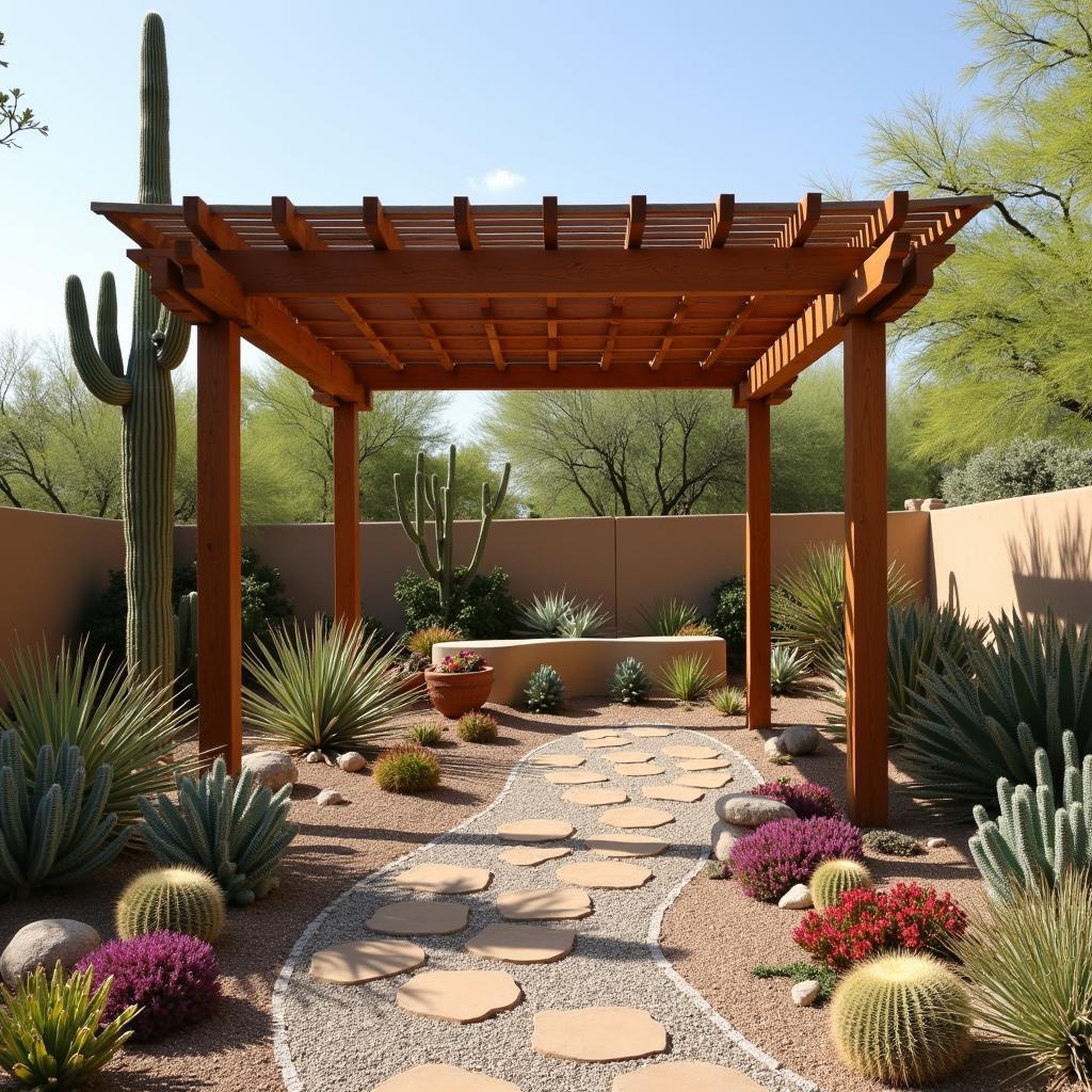 Desert Pergola Surrounded by Cacti and Succulents