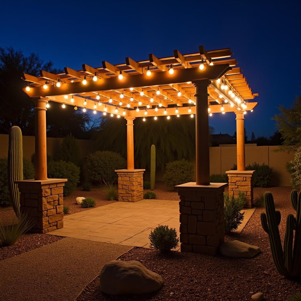 Desert Pergola Illuminated with String Lights at Night