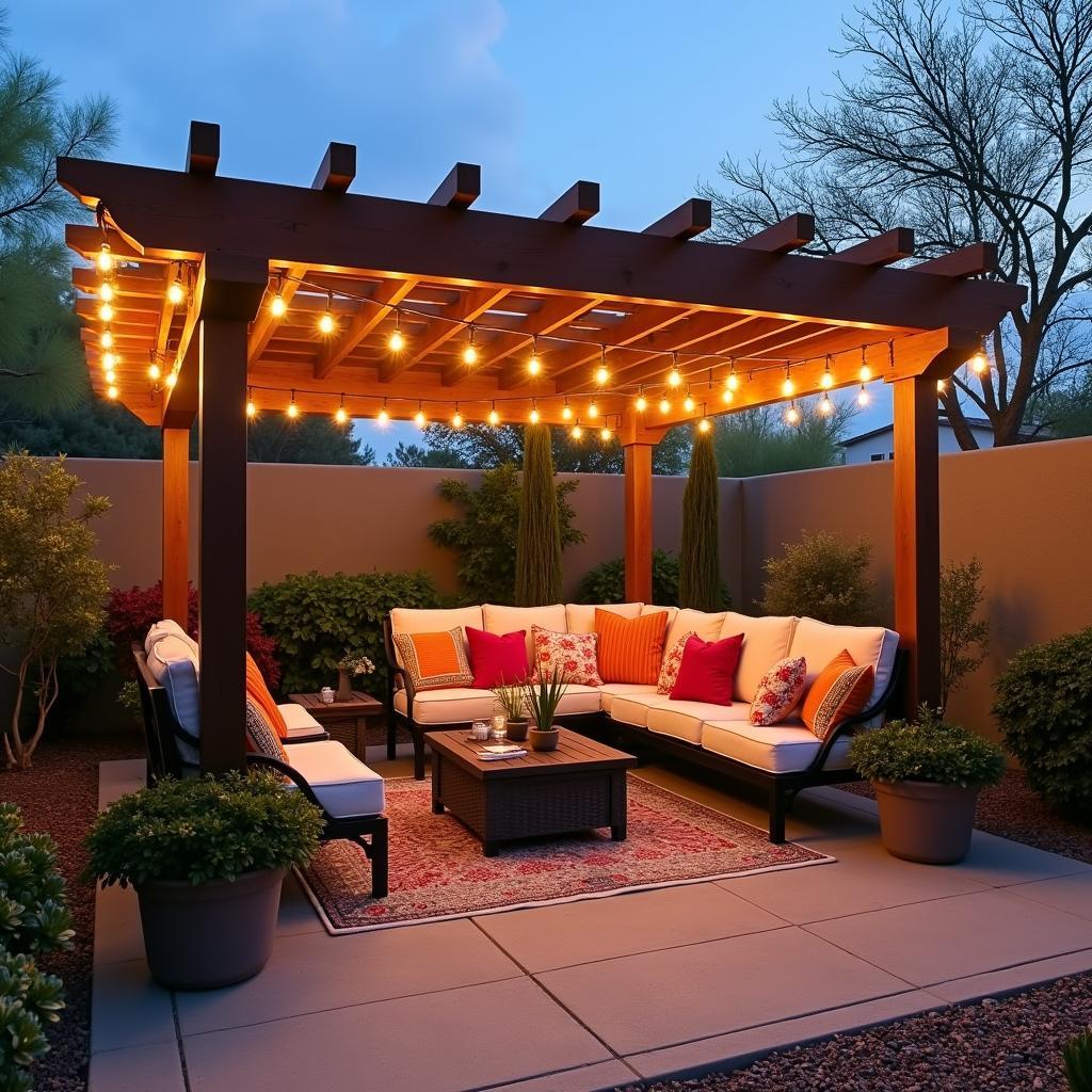 Desert pergola transformed into a relaxing outdoor retreat with furniture and lighting