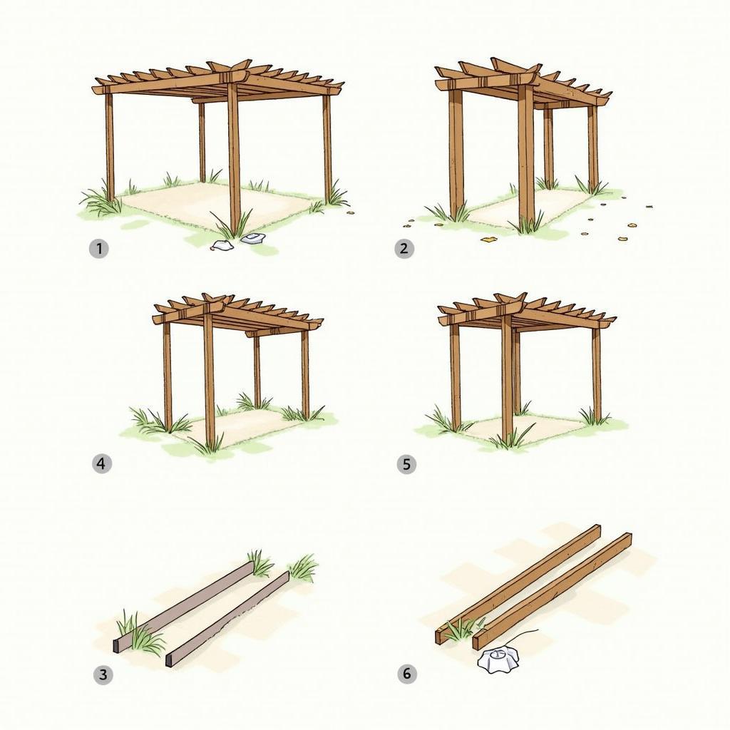 DIY mid-century pergola construction with wood posts and beams.