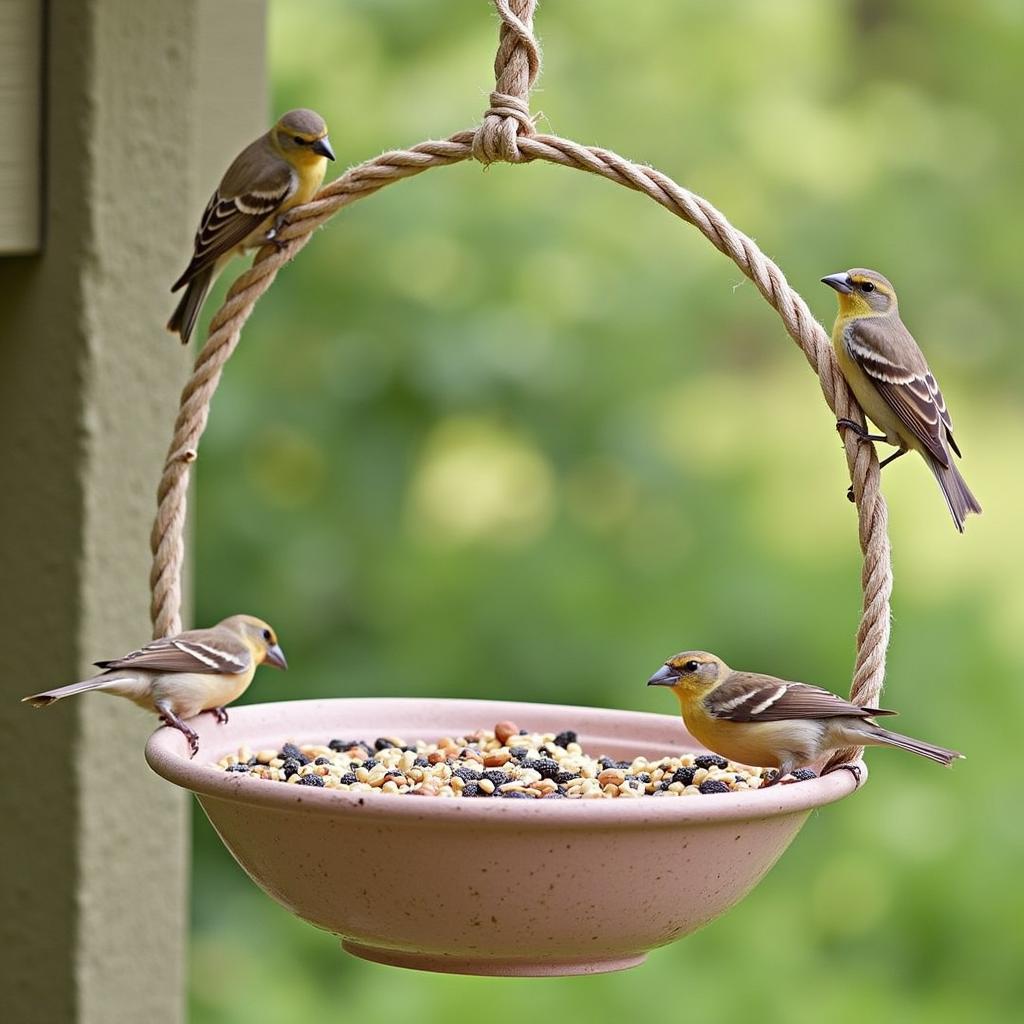 DIY hanging basket bird feeder attached to pergola.