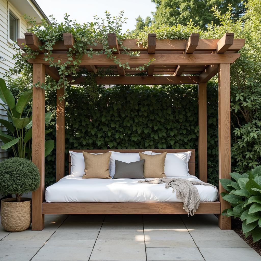 A Dreamy Outdoor Bed Pergola with Comfortable Seating and Lush Greenery