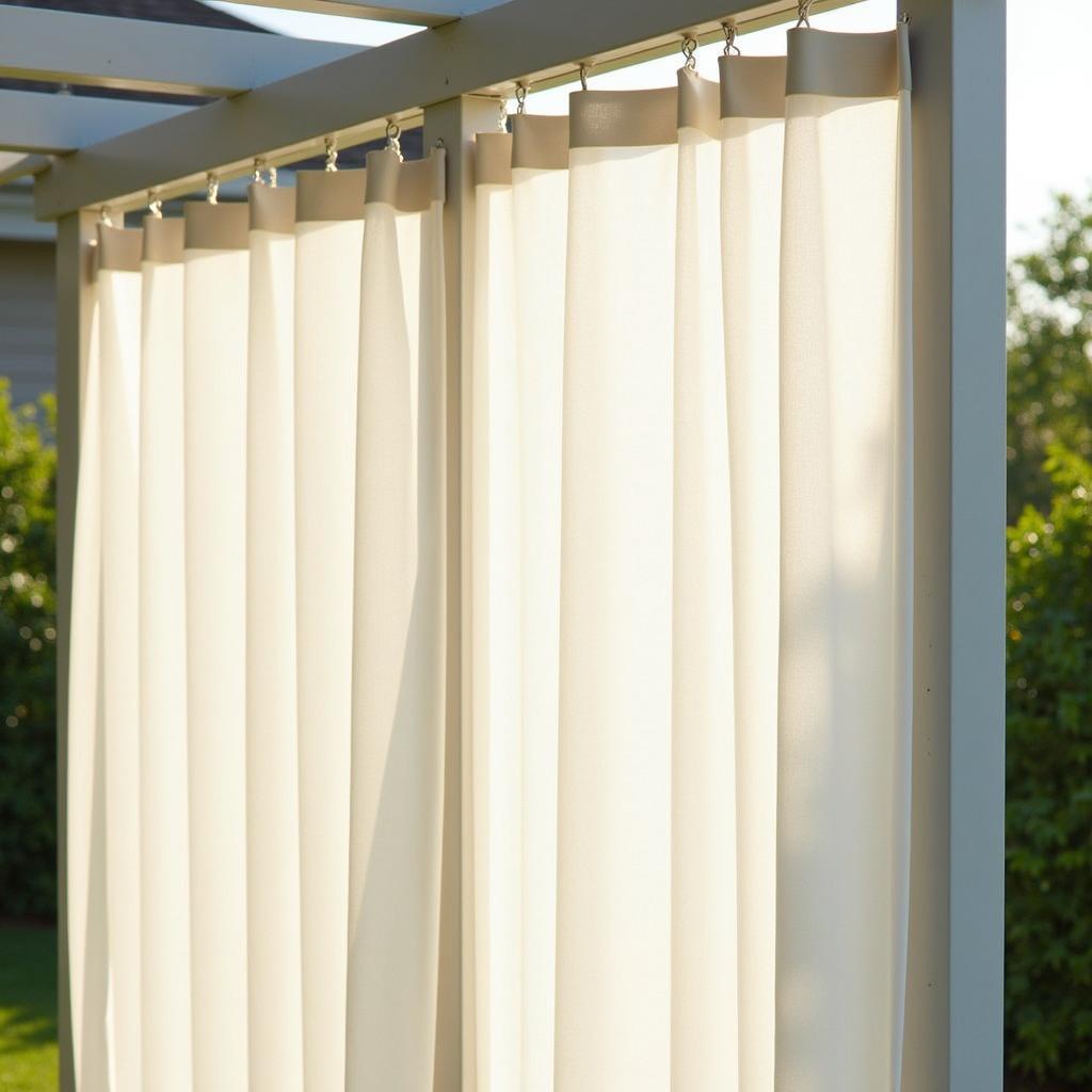 Fabric screens provide privacy and shade for a pergola.