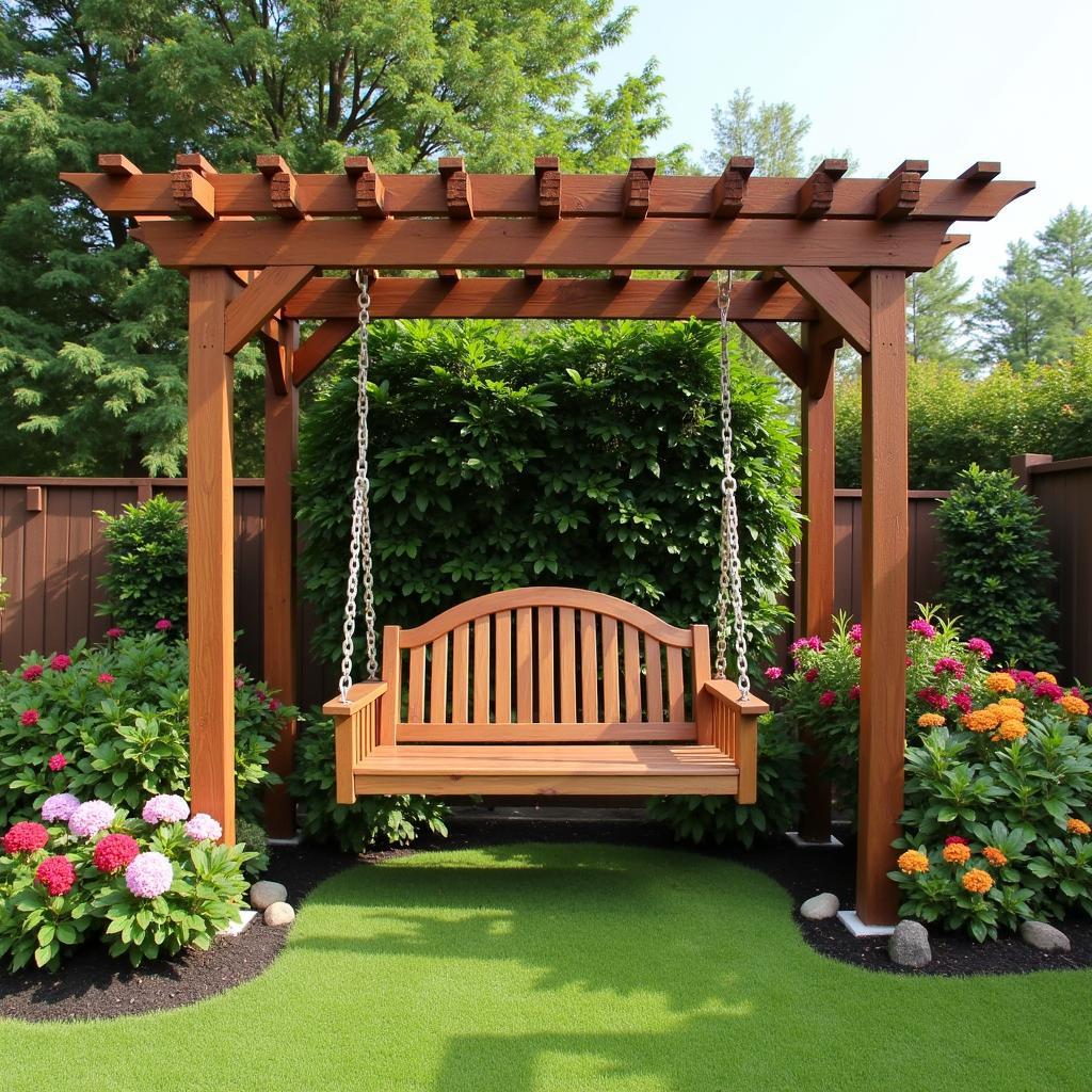 Freestanding pergola with an arbor swing nestled in a beautiful garden setting.