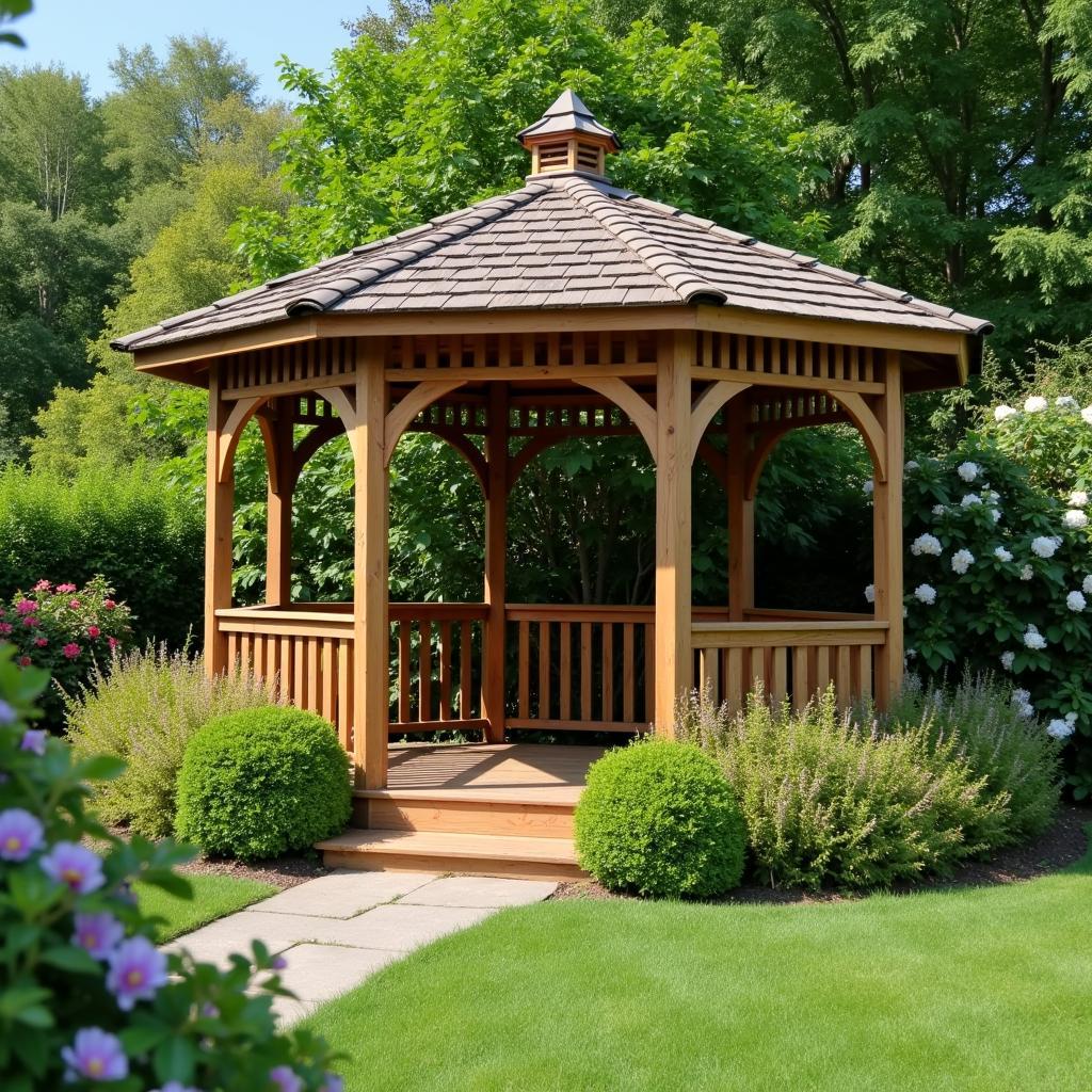 Wooden Gazebo in a Lush Green Garden