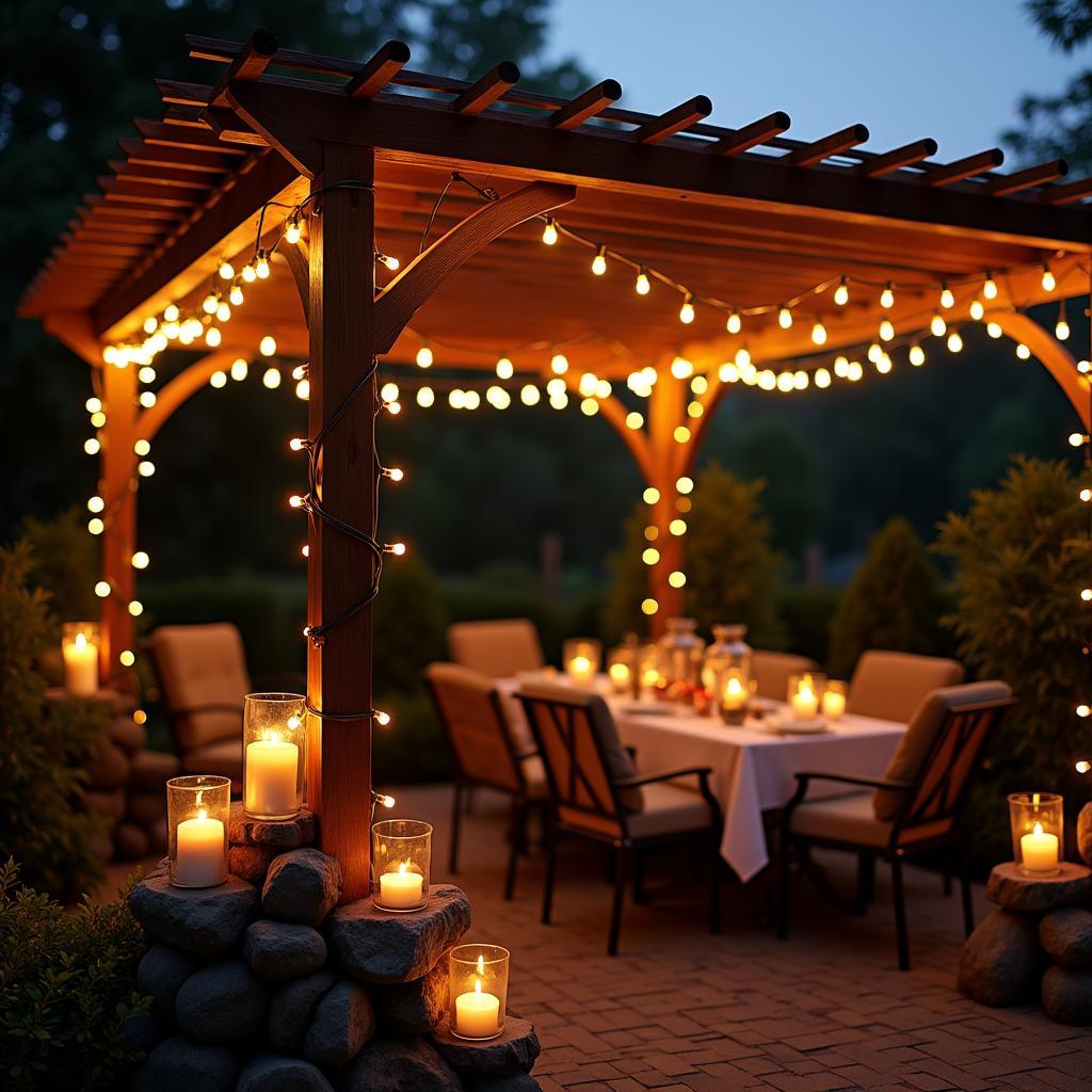 Pergola Decorated with Glass Candles and String Lights