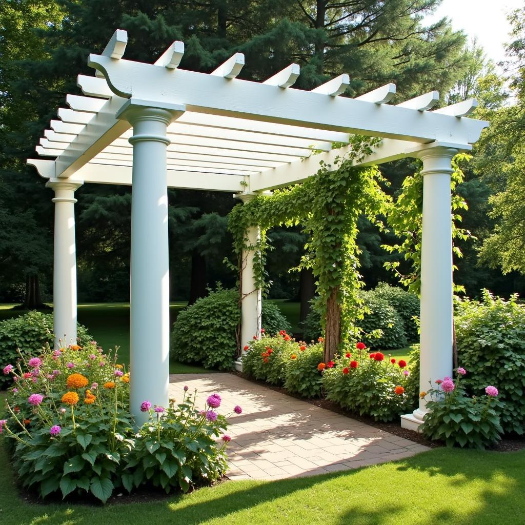 White columns supporting a Greek pergola in a lush garden setting.