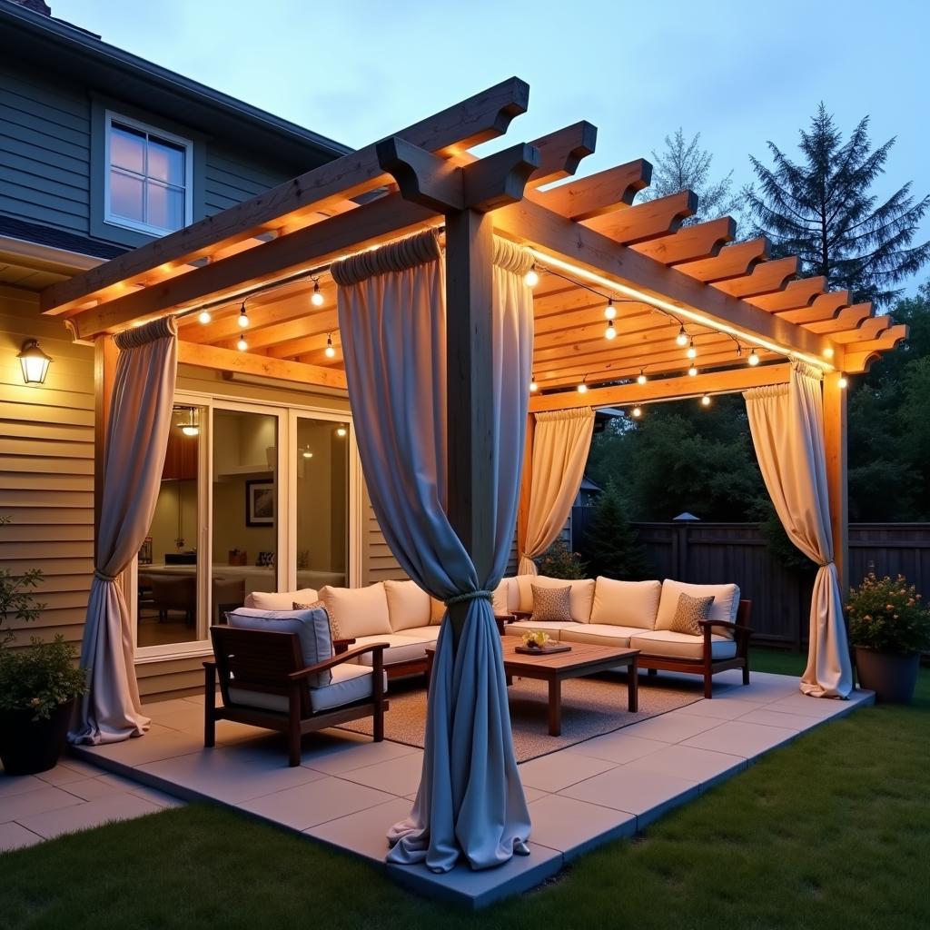 Half Pergola with Outdoor Curtains and Lighting