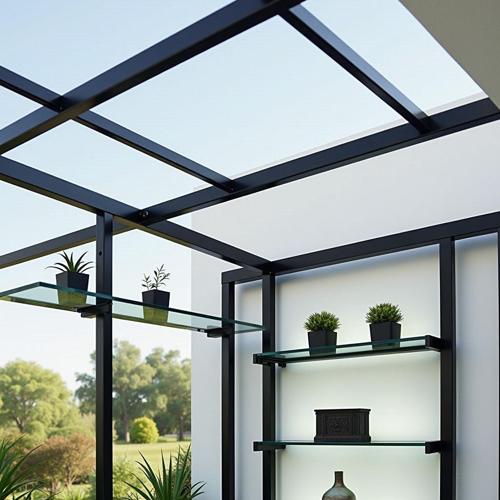 Modern pergola shelves made of metal and glass