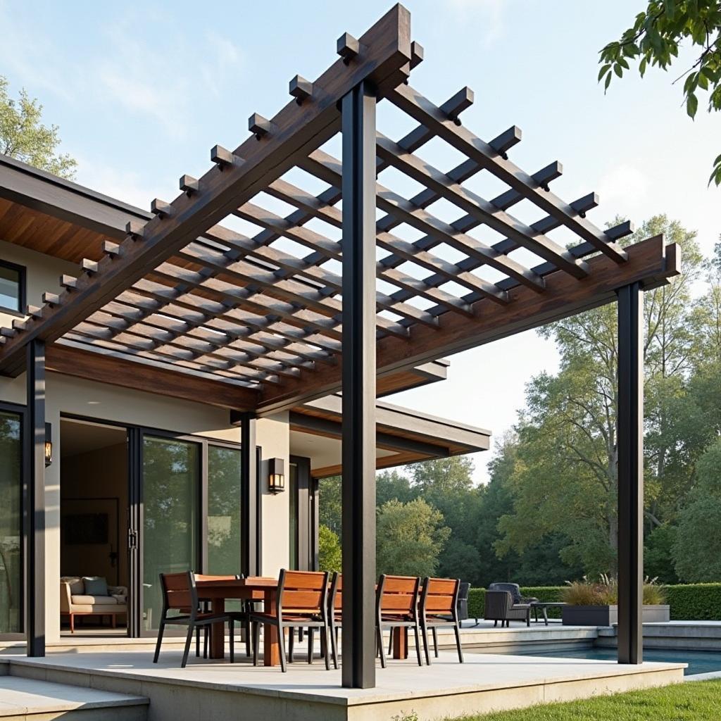 Metal and wood pergola with geometric design, embodying mid-century modern style.