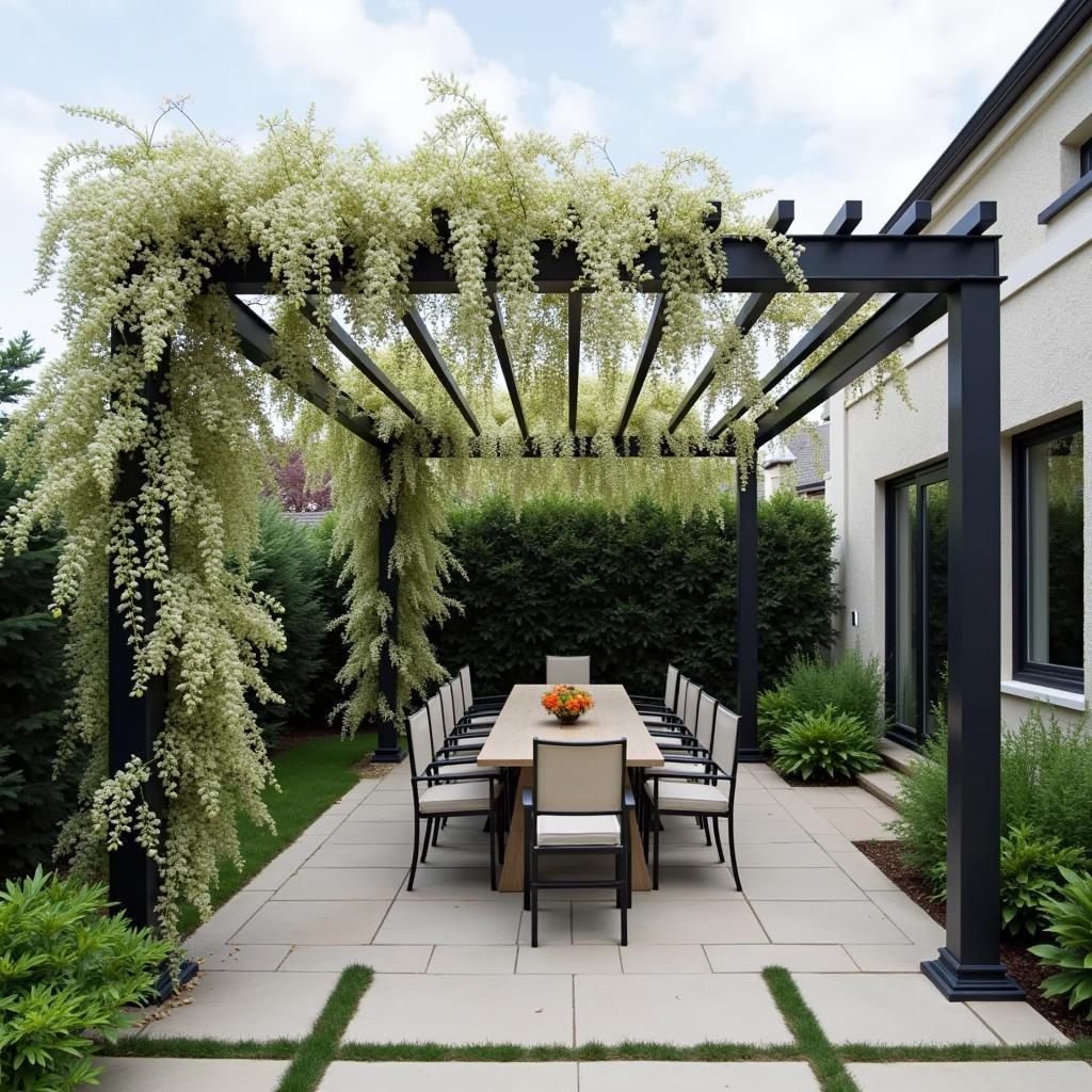 Metal Pergola with White Wisteria Blossoms
