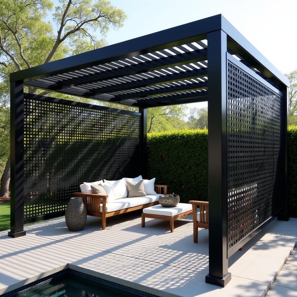 Modern metal screens enhance a pergola's design.