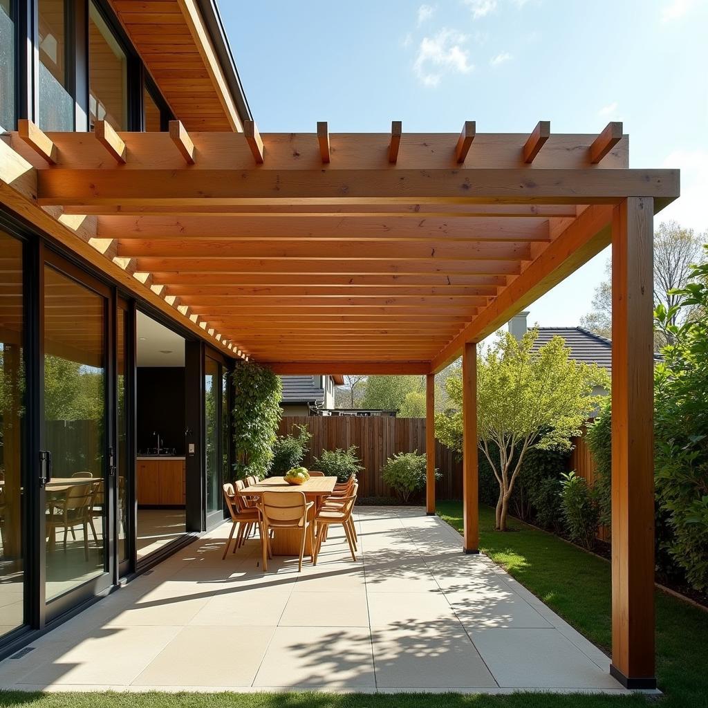 Mid-century pergola with exposed wood beams and clean lines.