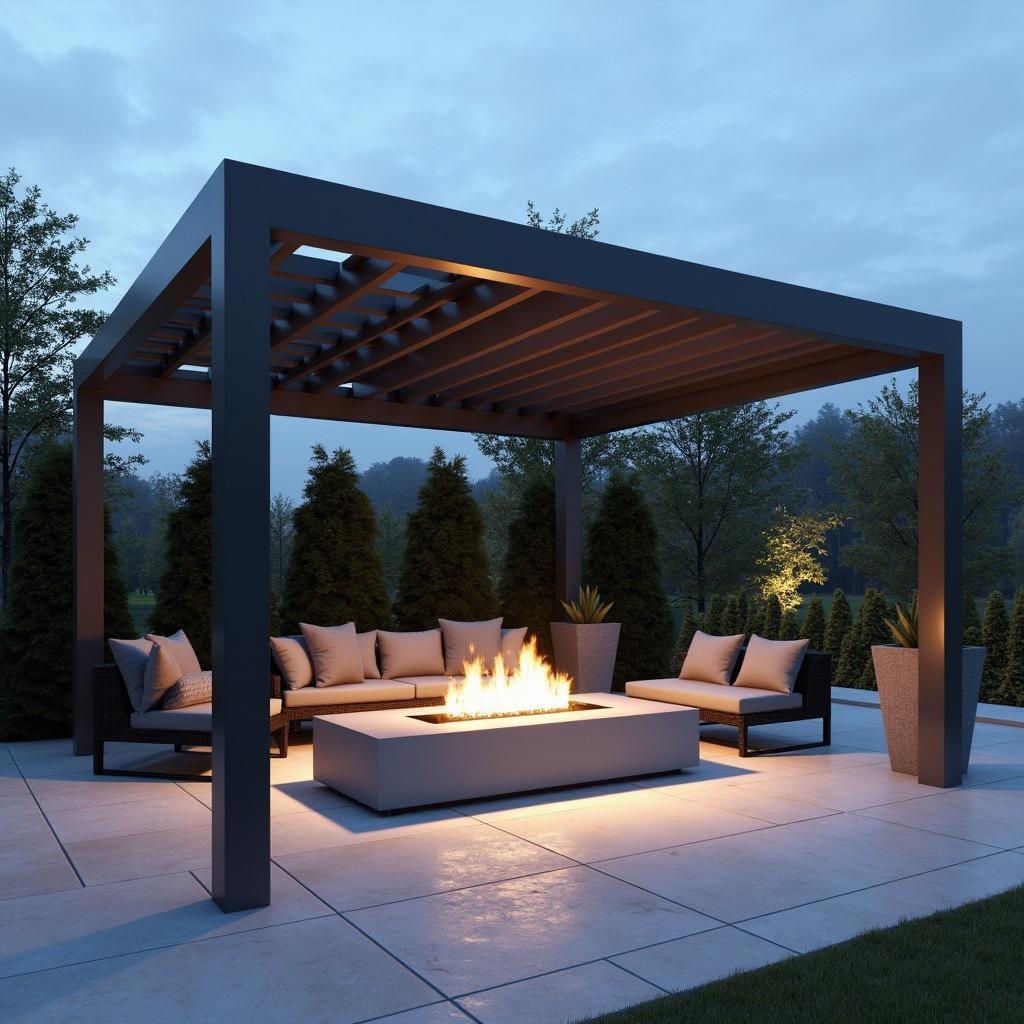 Modern Aluminum Firepit Pergola at Night