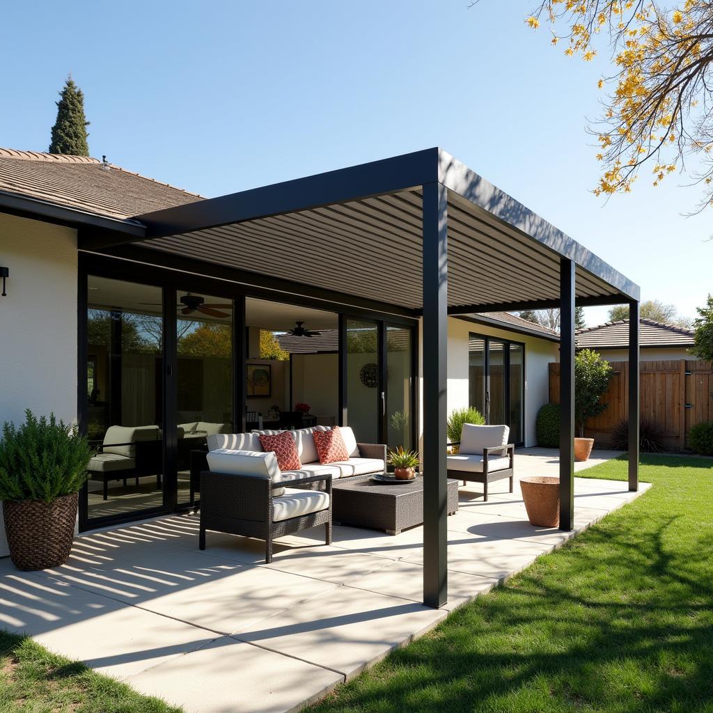 Modern Louvre Pergola Attached to a 1950s Ranch House