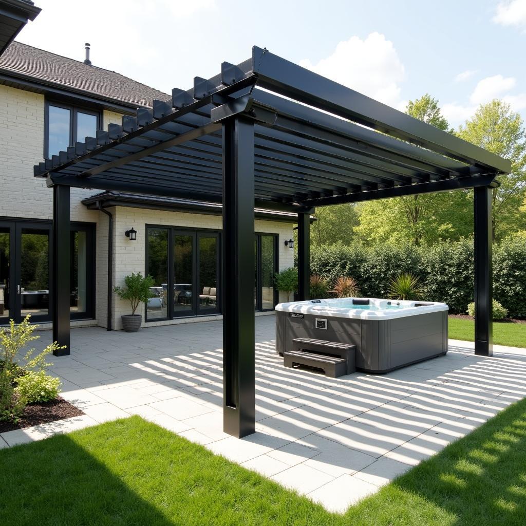 Modern Metal Pergola Surrounding a Hot Tub in a Backyard Oasis