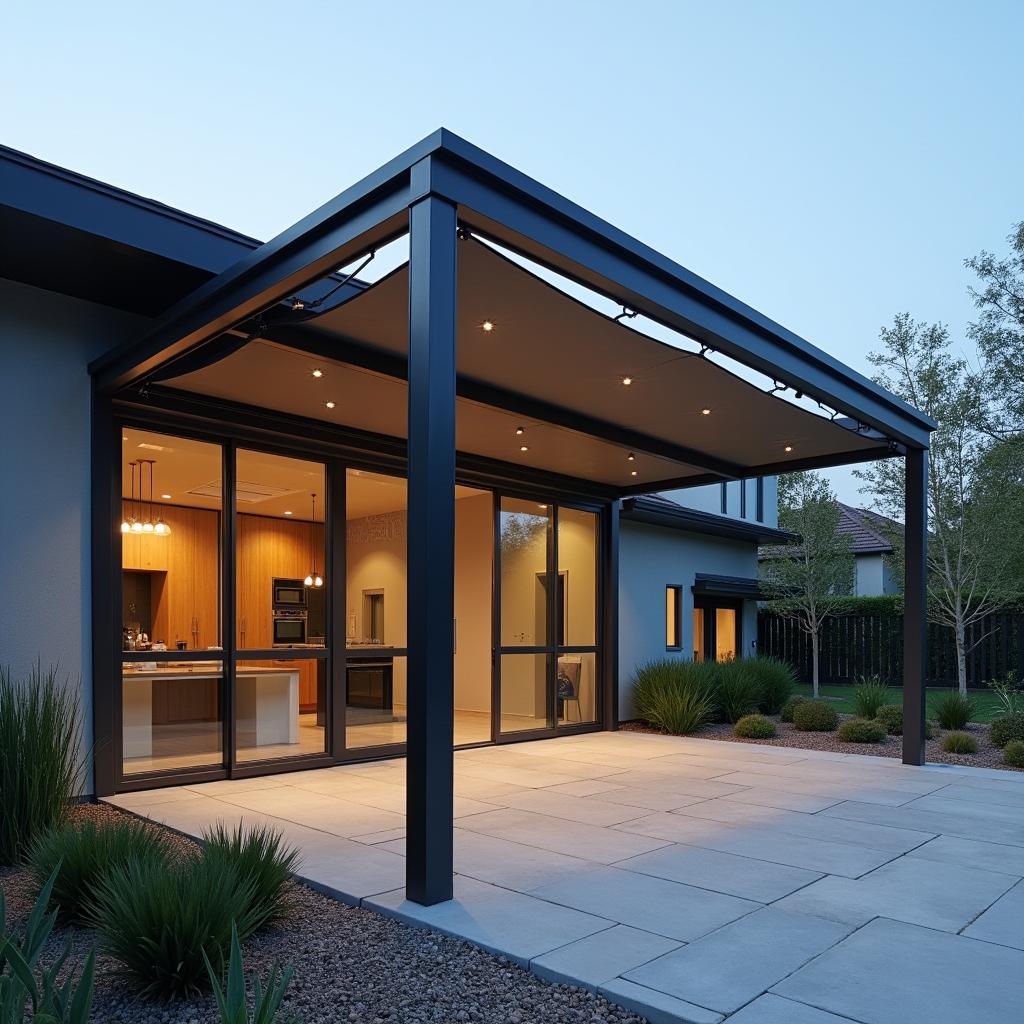 Modern Metal Pergola Attached to Front of Home