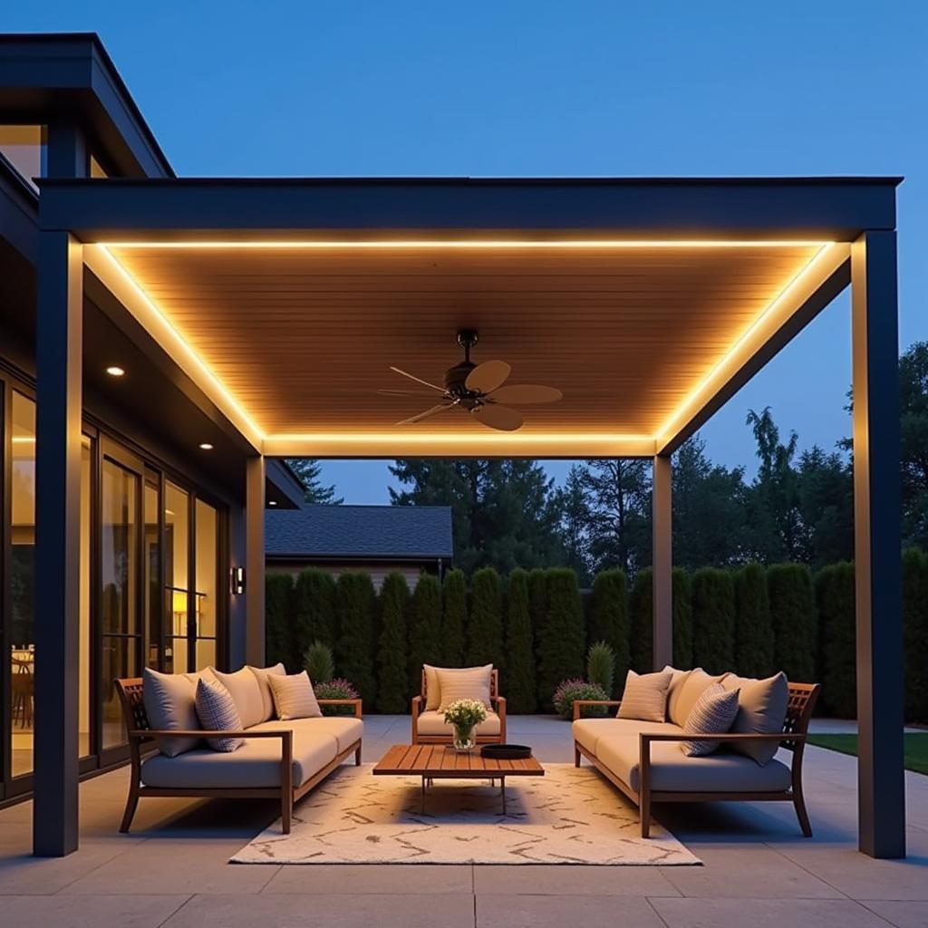 Modern Pergola with LED Strip Lights and Fan