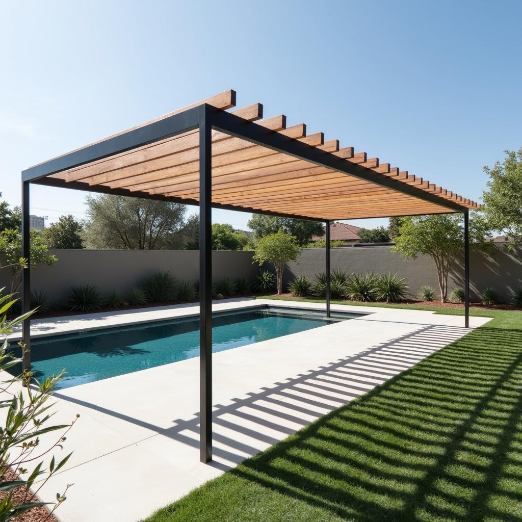 Sleek Steel Columns Supporting a Modern Pool Pergola