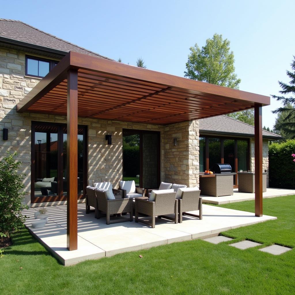 Modern Wood Pergola over Stone Patio Adjacent to Stone House