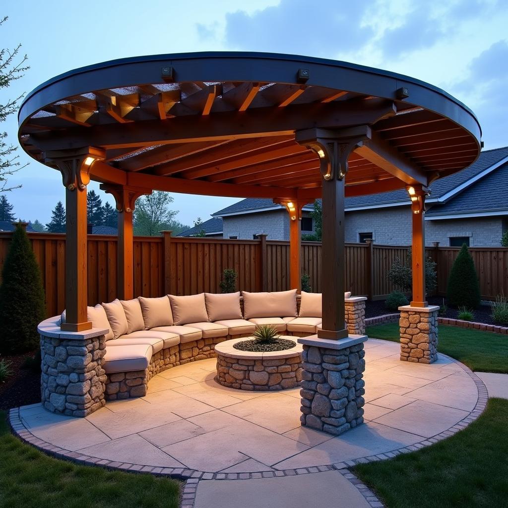 Odd shaped pergola design for a curved patio with integrated seating and lighting.