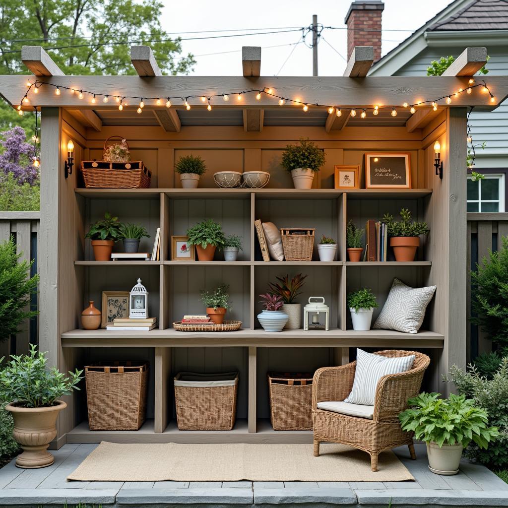 Organized shelves in a pergola