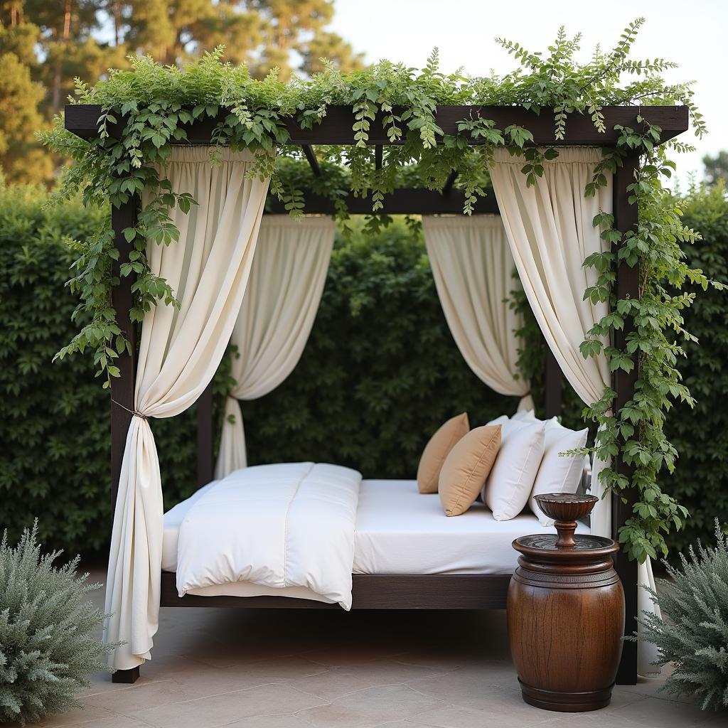 Decorating Ideas for an Outdoor Bed Pergola: Plants, Curtains, and Water Feature