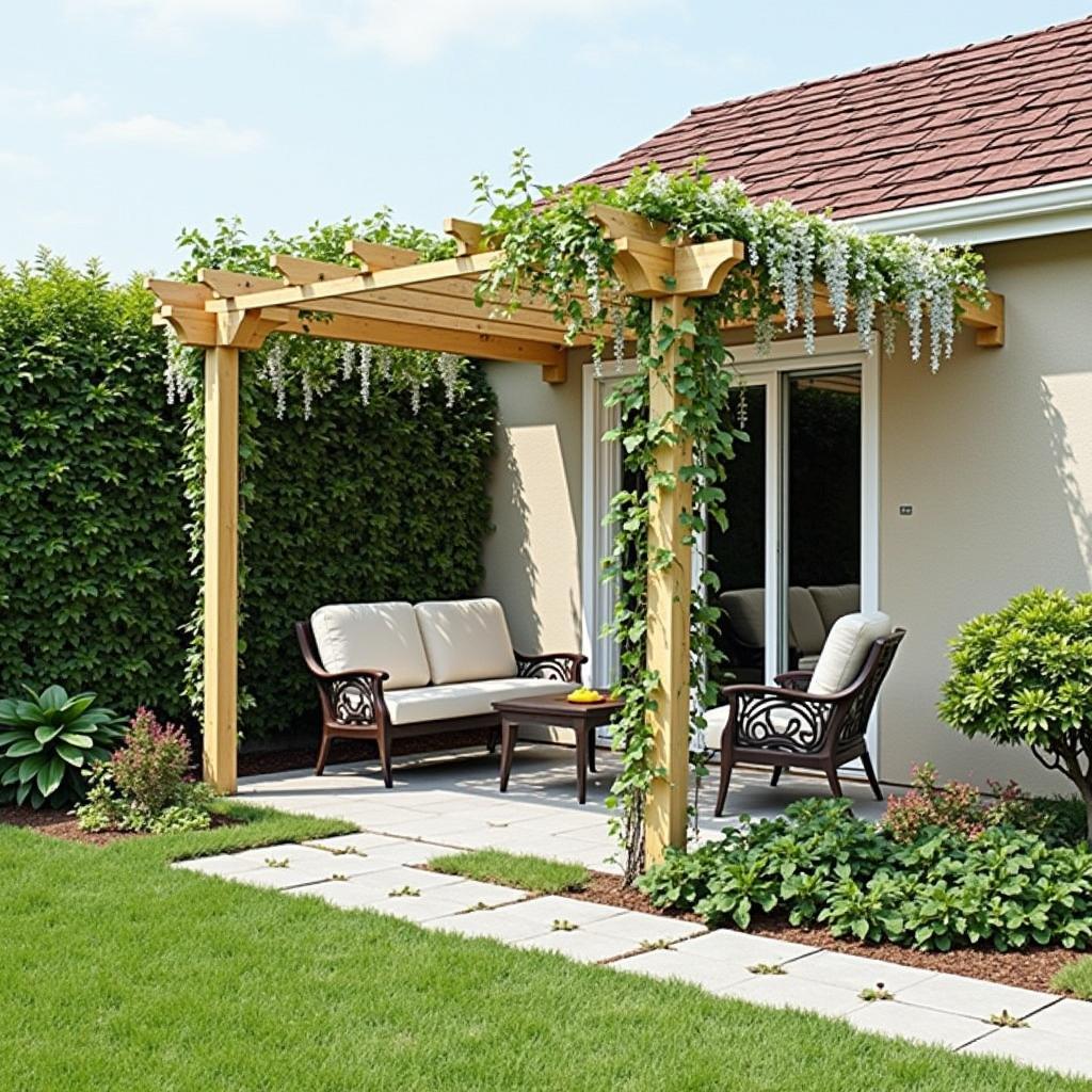 Landscaping ideas for a 15x13 pergola next to a house, including climbing plants and outdoor furniture.